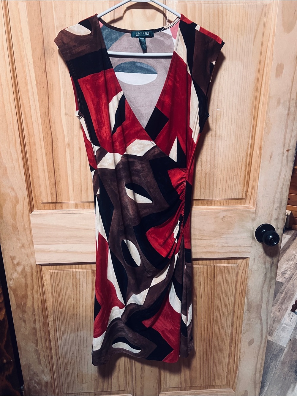 Ralph Lauren Red Brown Abstract Wrap-Style Midi Dress